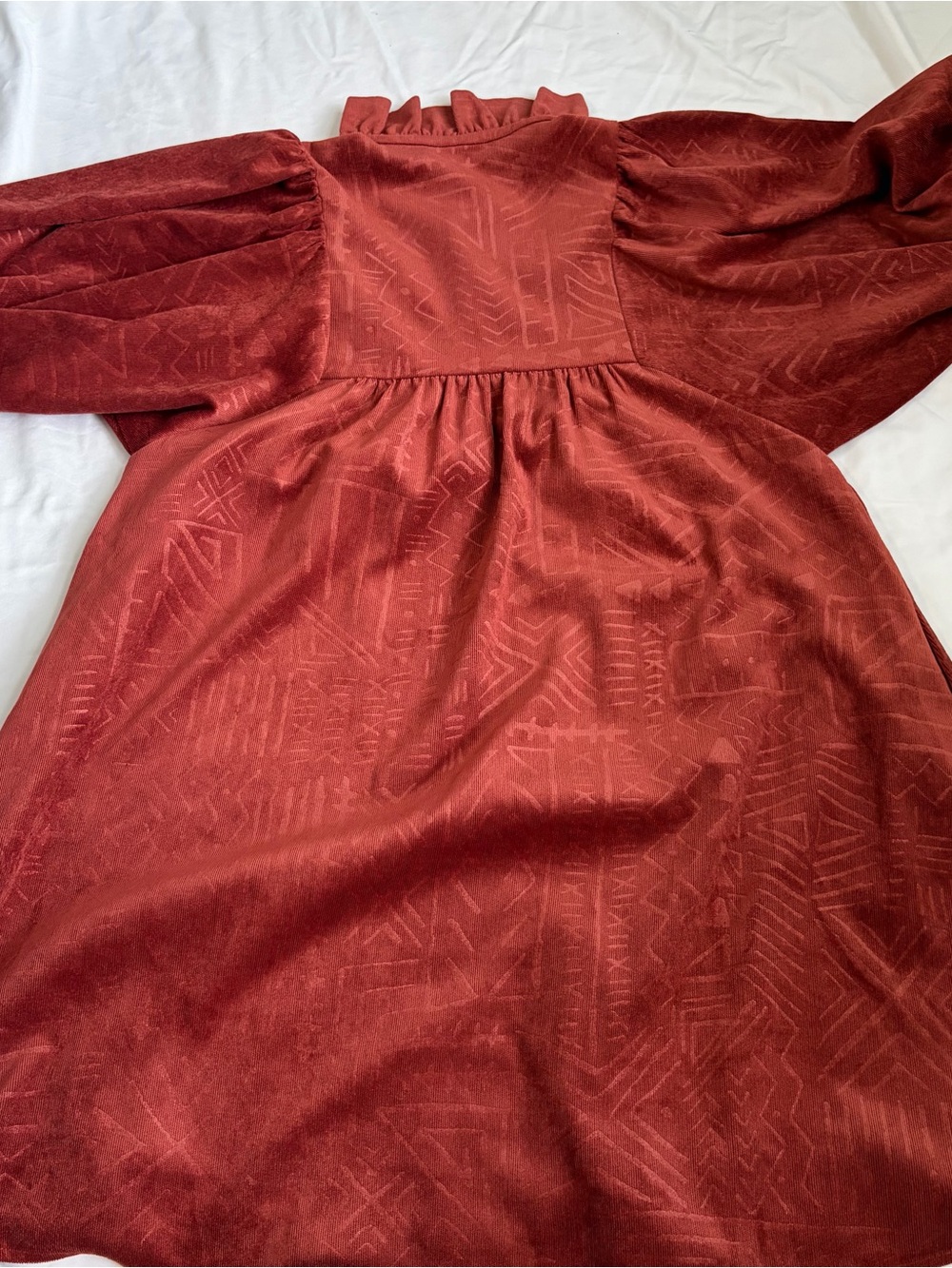 Emily McCarthy Corduroy Dress Rust Geometric Embossed Puff Sleeve Smocked S - Picture 6 of 6